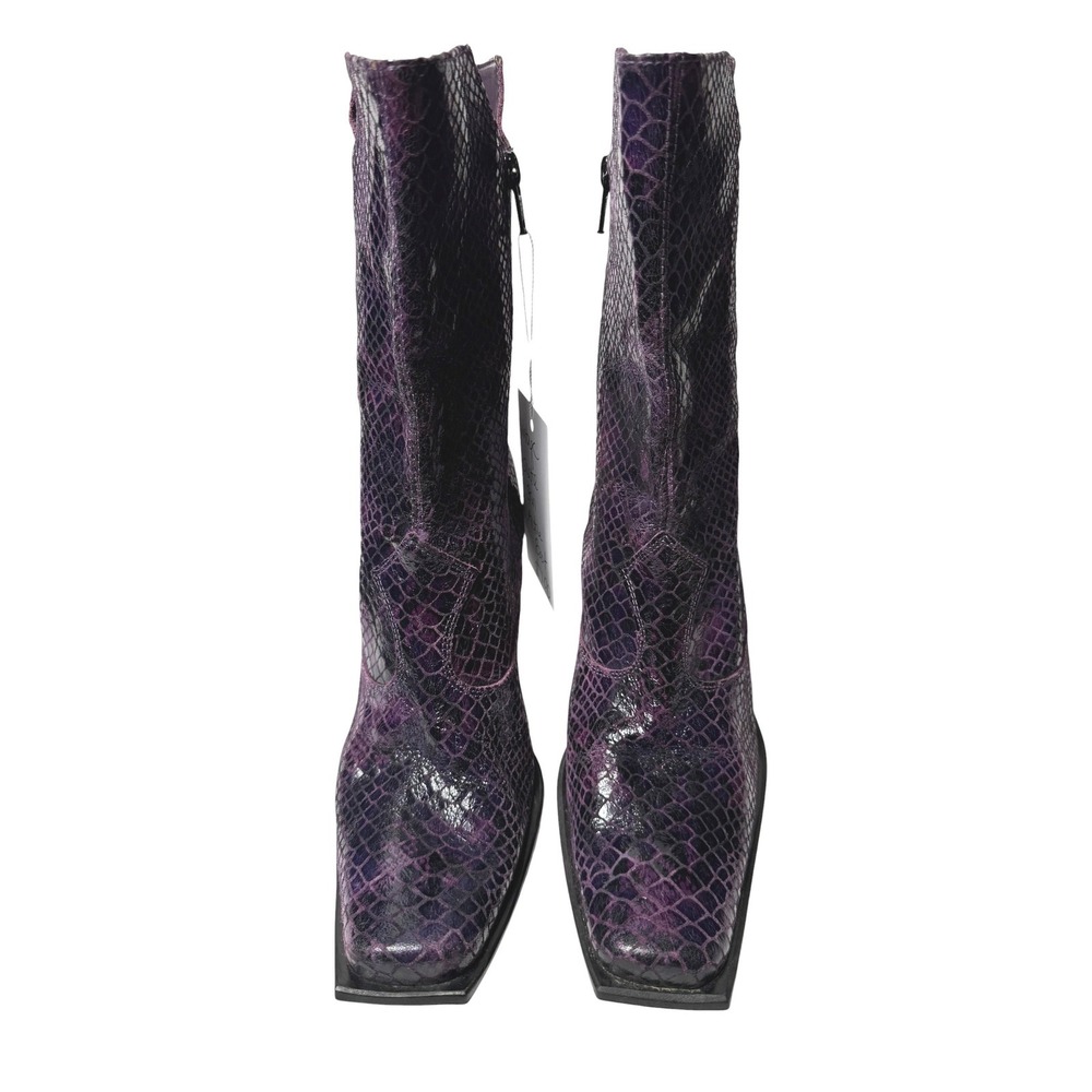 Bee Fly Vintage Snakeskin Embossed Square Toe Boots Purple 37